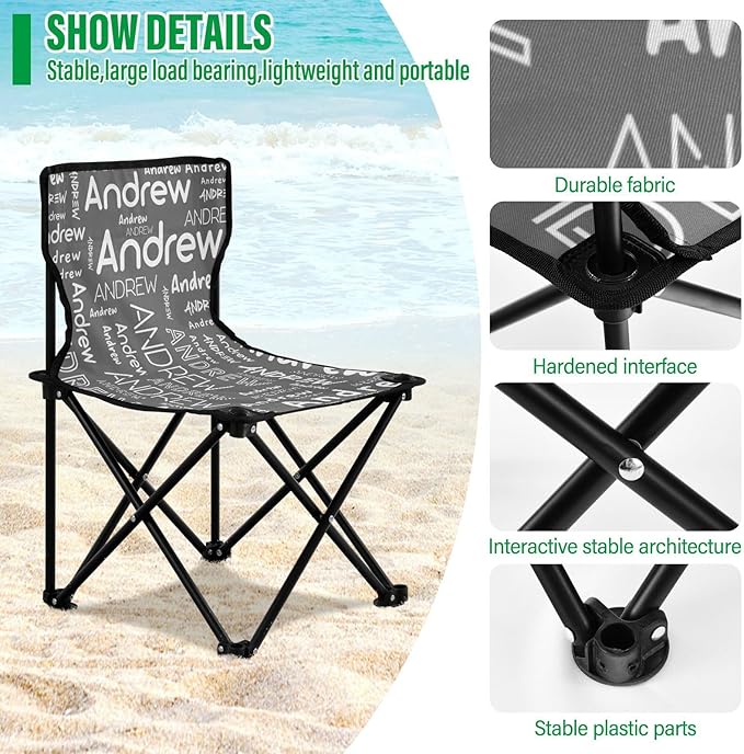 Sinestour Dark Gray Custom Folding Camping Chair for Teen Child Personalized Name 14.6×14.6in Portable Outdoor Chair with Carry Bag for Beach Picnic Travel