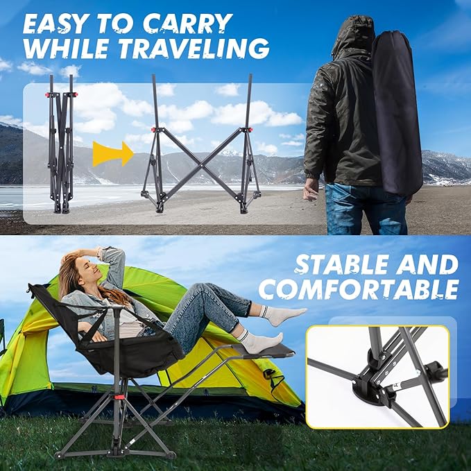 CDEN Hammock Chair with Footrest Swinging Camping Chairs Rocking Camping Chair with Detachable Footrest Cup Holder Side Pocket Armrest Foldable for Picnic Travel Festival (Black 1 Pack)