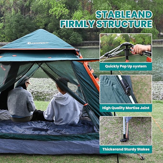 KINGROCK Blockout Camping Tent Instant Easy pop up Camping TentAutomatic Waterproof Family Tents for Camping 4 Person Easy Set Up TentsPortable Windproof Dome Tent for Camping