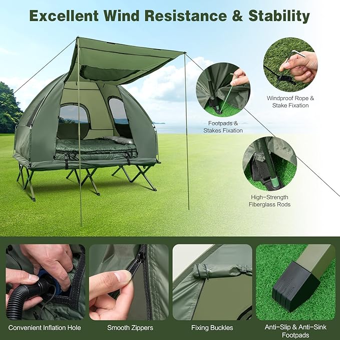 Goplus Camping Tent Cot 5-in-1 Folding Camping Bed with Awning Air Mattress Sleeping Bag Bedspread Off Ground Elevated 1-2 Person Cot Tent with Carrying Bag Air Pump for Camping Picnic Outdoor