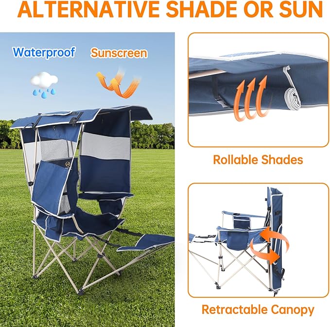 Nice C Chair with Canopy Umbrella Chair Chairs with Shade Sports Chairs USB Type-C&ampDC Charging Cable Included 30W Solar Panels Removable Footrest&ampCooler Bag (1 Navy)