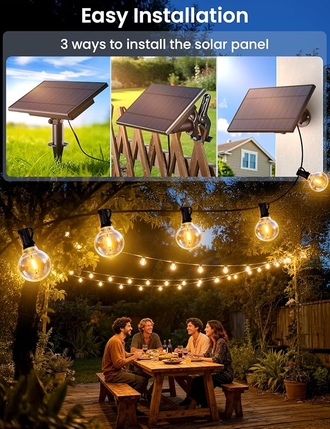 Brightever 150FT Solar String Lights Outdoor Waterproof G40 Solar Lights with Remote and 55+2 LED Shatterproof Globe Bulbs Dimmable&amp3 Lighting Modes Solar Power Patio Lights for Backyard Garde
