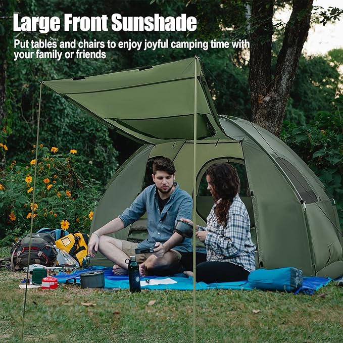Goplus Camping Tent Cot 5-in-1 Folding Camping Bed with Awning Air Mattress Sleeping Bag Bedspread Off Ground Elevated 1-2 Person Cot Tent with Carrying Bag Air Pump for Camping Picnic Outdoor