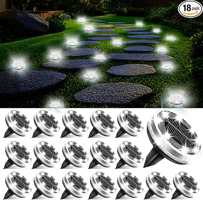 Solar Ground Lights Outdoor 18 Pack Waterproof Upgraded Solar Garden Lights with 4 Side Light Stainless Steel Solar Powered Disc Landscape Light for Walkway Lawn Yard Patio Deck-Cool White