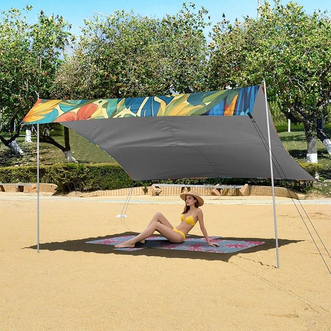 Macaw Pattern Beach Tent Sun Shelter 9.2' x 10.5' Beach Canopy with 4 Sandbags 4 Stability Poles Sand Shovels - Tent Canopy for Beach Camping Fishing Picnics