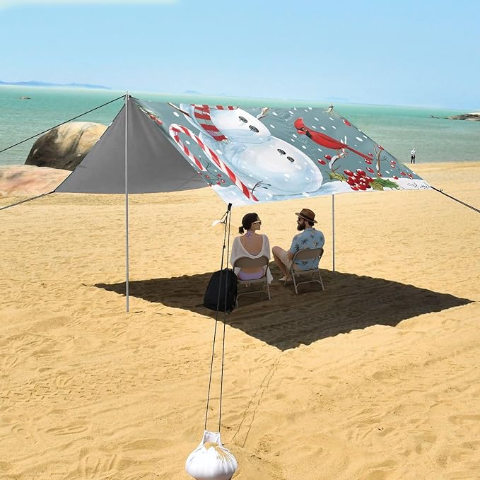 ALAZA Christmas Snowman Cardinal Bird Beach Tent Sun Shelter UPF50+ Protection Beach Shade Canopy w/ 4 Sandbags for Outdoor Camping Fishing Backyard Fun Picnic 10x9 ft