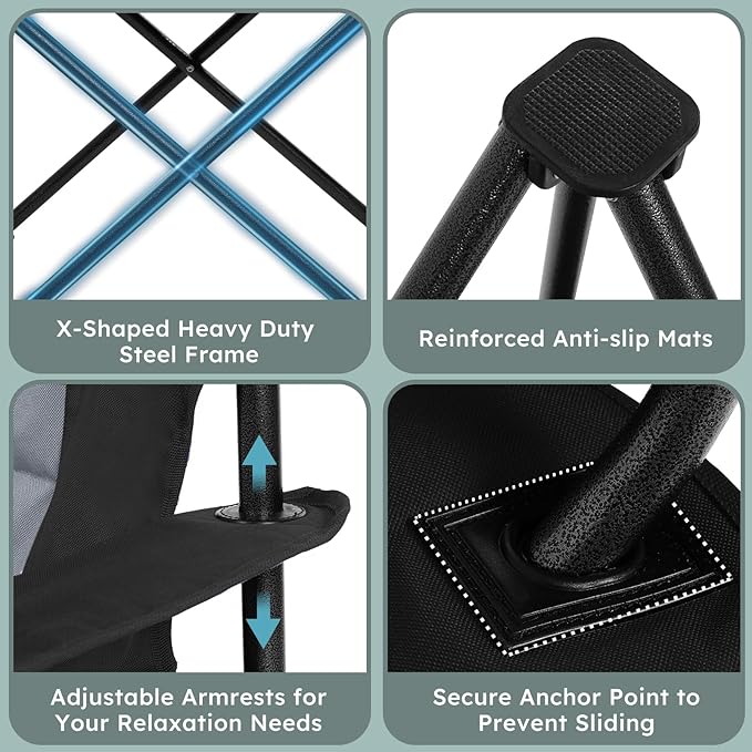 Oversized Folding Camping Chairs - 450 LBS Support Heavy Duty Camp Chair with Padded Cushion Portable Outside Chairs with Carry BagCooler Cup Holder for Outdoor Lawn Sports - Black