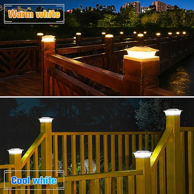 VOLISUN Solar Post Cap Lights Outdoor 4x4/6x6 Wooden/Vinyl Fence Cap Lights for Patio/GardenWarm White with 2 Lighting Modes WaterproofABS Shell Lens White (6 Pack)