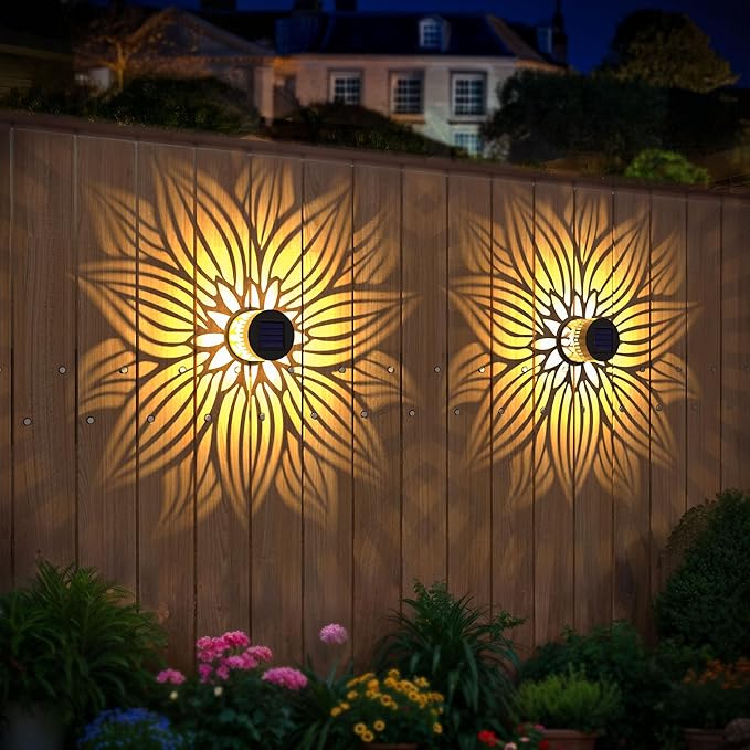 Solar Fence Lights 2 Pack Outdoor Deck Step Wall Lights Metal Waterproof LED Warm Yellow Light for Garden Post Patio Backyard Yard Decor (Flower 2)