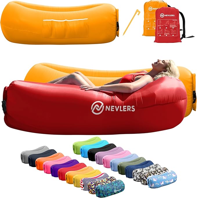 Nevlers Red &amp Saffron Inflatable Lounger 2 Pack | 210T Polyester Blow Up Chair | No-Pump Inflatable Couch Set | Air Couch w/ 450 lbs. Capacity Pockets &amp Carry Bags for Use as Portable Beach C