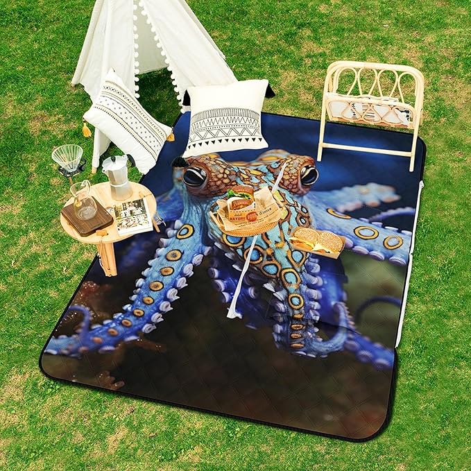 Zipper Blue Ringed Octopus Style Picnic Mat Suitable for Travel Camping Park Or Home Use