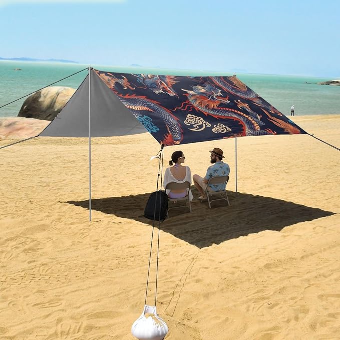Chinese Dragon Beach Tent Sun Shelter 9.2' x 10.5' Beach Canopy with 4 Sandbags 4 Stability Poles Sand Shovels - Tent Canopy for Beach Camping Fishing Picnics