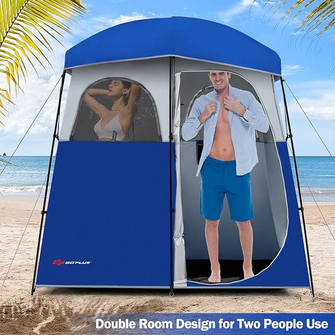 Goplus 2 Room Shower Tent Portable Camping Changing with Floor Drain Detachable Rain Fly Stakes &amp Ropes UV Protection Water Resistant Privacy for Outdoor Toilet Dressing (Blue)