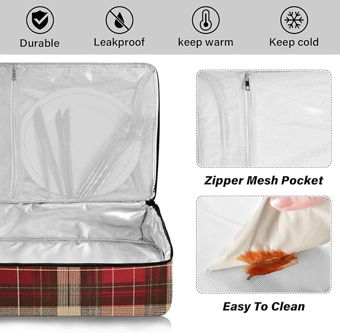 Casserole Carrier Red and Brown Tartan Insulated Casserole Carrier for Hot or Cold Food Thermal Lunch Tote for Parties Picnic Travel Carry Bag