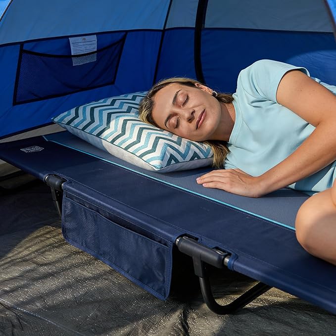 TIMBER RIDGE 20-Second Quick Set-Up Camping Cot Lightweight Aluminum Folding Cot with Zipper Closure Portable Carry Bag Included for Camping Travel and Outdoors Support up to 225lbs Blue