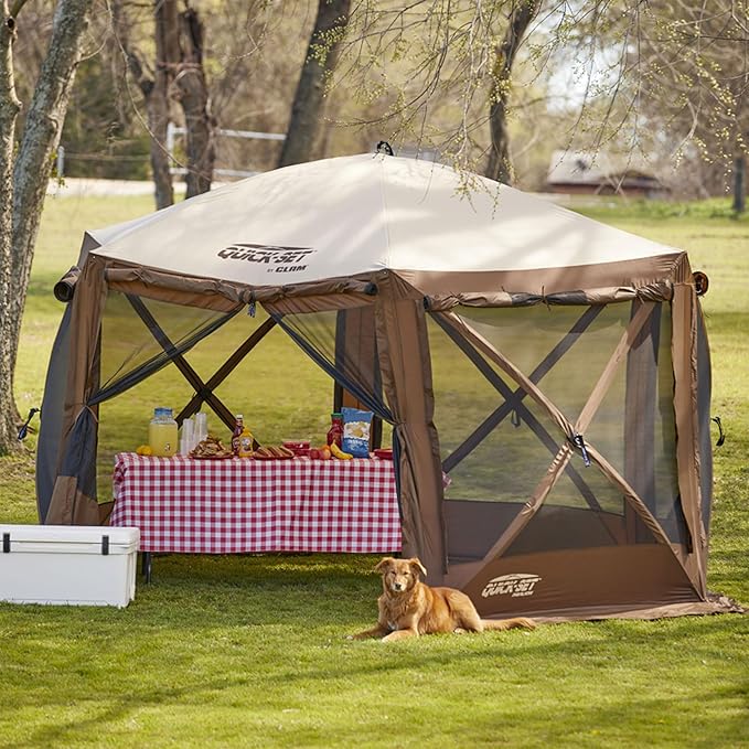 CLAM Pop Up Screen Tent Large Outdoor Camping Gazebo Canopy Pavilion 12.5' Brown - Foldable and Portable Screened Shelter with Netting for Beach Patio and Backyard