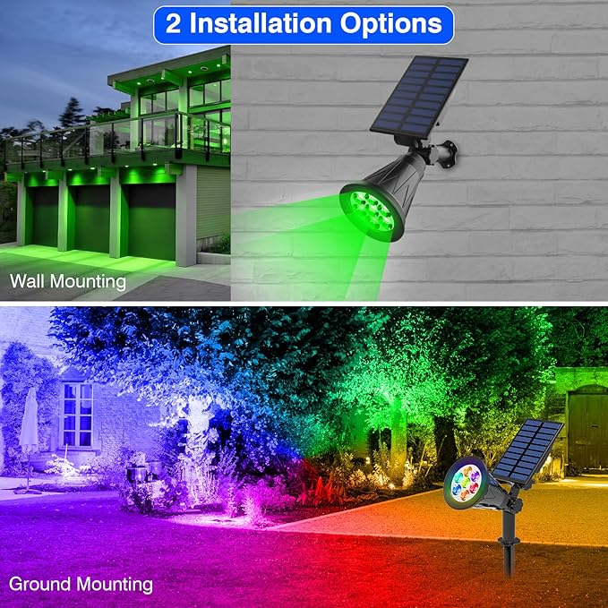 T-SUN Solar Spotlights Color Changing 7 LED Waterproof Solar Garden Lights Auto ON/OFF Adjustable Landscape Spot Lights 2-IN-1 Solar Wall lights for Patio Yard Garden Driveway Pool Area(2 Pack)