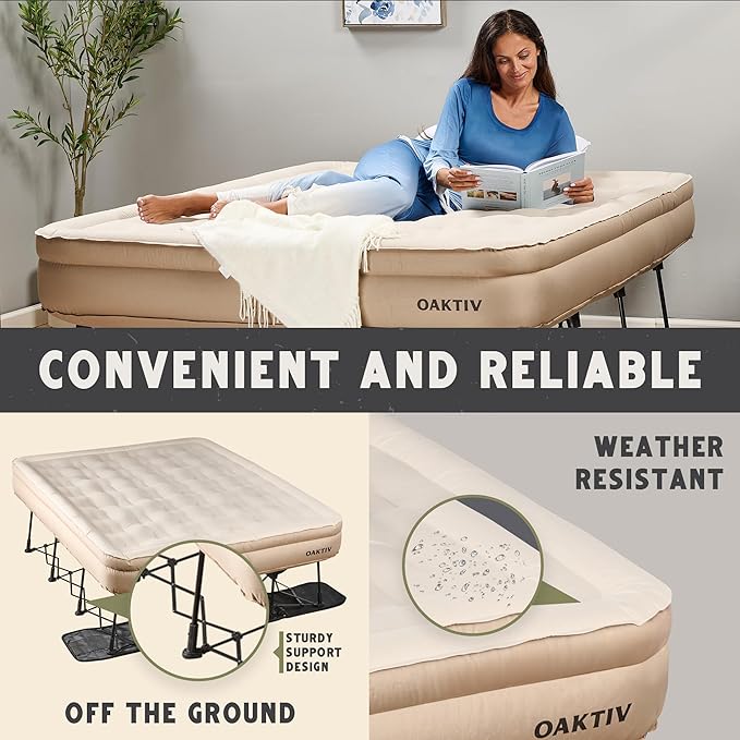 Queen Air Mattress with Frame Self Inflating/Deflating Bed for Adults - PeakRest Blow Up Bed Camping Cot with Mattress for Adults - Portable Queen with Travel Rolling Case on Wheels