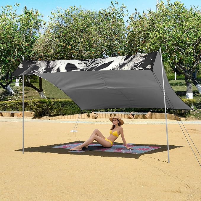White Tiger Face Beach Tent Sun Shelter 9.2' x 10.5' Beach Canopy with 4 Sandbags 4 Stability Poles Sand Shovels - Tent Canopy for Beach Camping Fishing Picnics