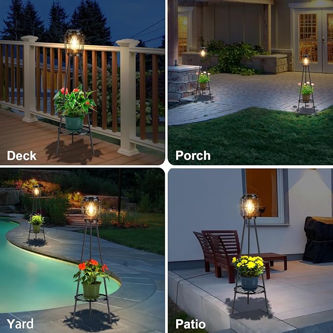 Solar Lights with Plant Stand Outdoor Floor Lamp Waterproof Solar LED Edison Bulb Light Flower Shelf for Patio Porch Deck Yard Garden Decor-1 Pack