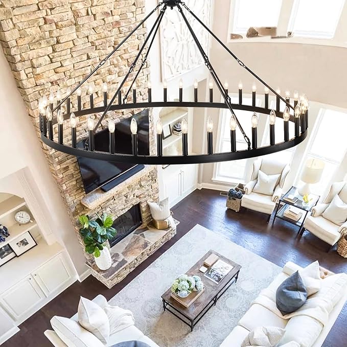 64 Inch Extra Large Black Wagon Wheel Chandelier 42-Light Farmhouse Wagon Wheel Chandeliers Round Industrial Ceiling Light fixtures for Outdoor Porch high Ceilings Living Dining Room Foyer Entryway