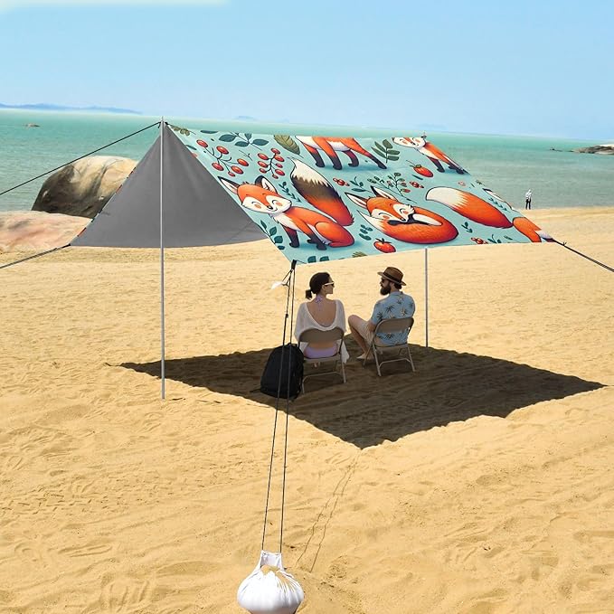 Funny Foxes Plants Camping Sun Shelter Beach Tent Portable Beach Sun Shade Outdoor Canopy for Camping Trips Fishing Picnic