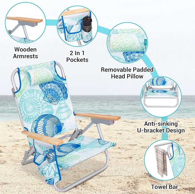 #WEJOY 2 Pack Aluminum Beach Chair with 4 Positions Backpack Beach Chair with Wooden Armrest Portable Reclining Chair with Cup HolderBack Storage Bag for Camp Lawn Pool Outdoor Trip (Cyan Green)
