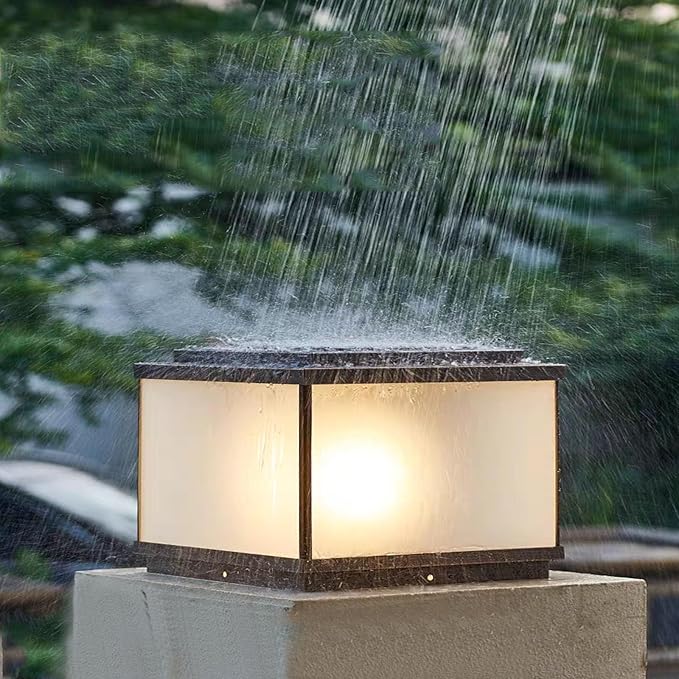 All Copper Steel Glass Outdoor Post lights Waterproof Pillar Light Vintage Patio Lawn Column Lampoutdoor column lightsDeck Lights Lantern Fence Lamp Fixture E26 Base (Frosted glass 12X12IN)