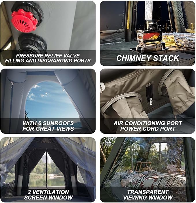 Inflatable Tents for Camping 6-8 People142 Square Feets Cotton Igloo Tent 4 Season Blow up Tents with Waterproof Tarp Glamping Inflatable Hot Tent with Stove Jack