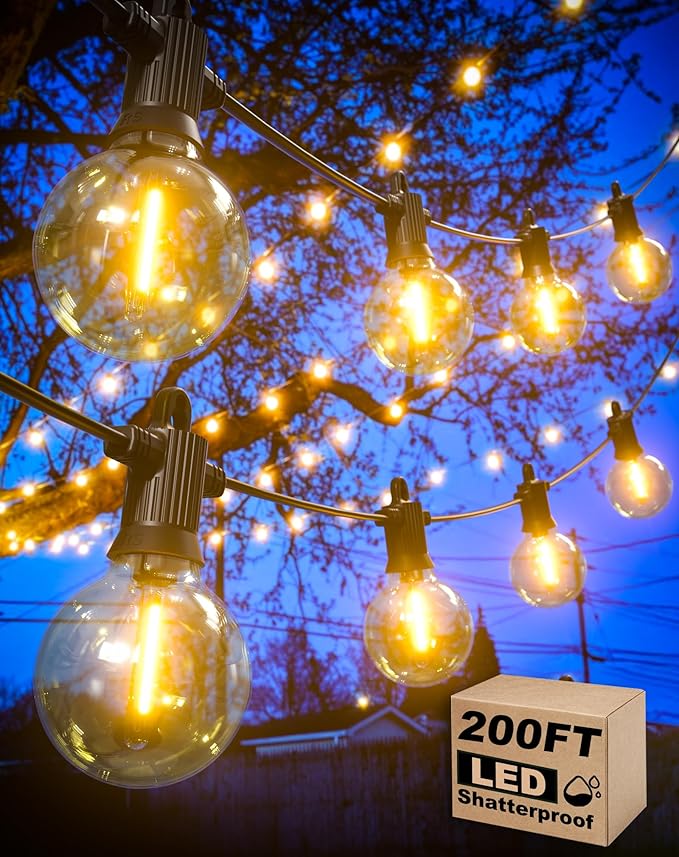 Outdoor String Lights 200FT Patio Lights with 100 Shatterproof G40 Globe Bulbs(4 Spare) Waterproof Connectable Dimmable LED Hanging String Lights for Outside Backyard Porch Balcony (100FT x 2)