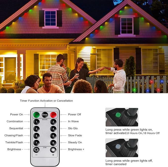 Permanent Christmas Outdoor Lights50ft 36LED Eaves Lights with Remote8 Modes Waterproof Outdoor Eave Connectable Christmas String Lights for Indoor Party (Multi-Colored) (Multicolor)
