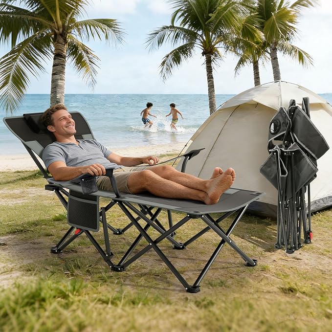 Suteck Camping Chair with Foot Rest Lightweight Foldable Beach Chairs Adjustable 90°- 140°Reclining Lounge Chair Heavy Duty Outdoor Chairs for Outside with Detachable Pillow &amp Carry Bag Black