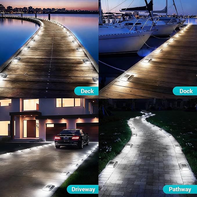 Solar Driveway Lights Outdoor 16 Pack IP68 LED Solar Powered Waterproof Driveway Marker Deck Dock Lights for Dock Step Pathway Walkway Sidewalk Garden Yard Stair Marine (White)