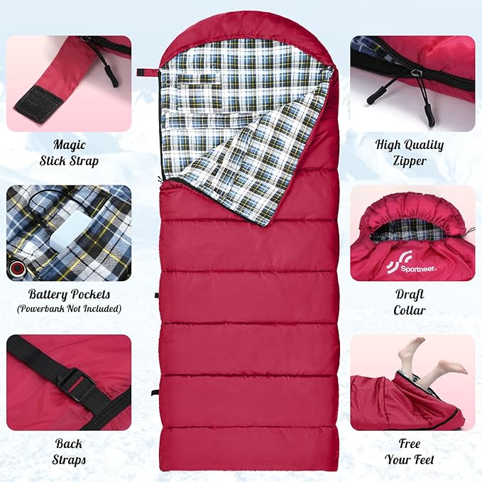 Sportneer Heated Sleeping Bag with 5 Heating Zones Warm Flannel Cold Weather Sleeping Bag for Adults 3 Heat Levels USB Powered (Power Bank Not Included) Winter Camping &amp Outdoor Hiking