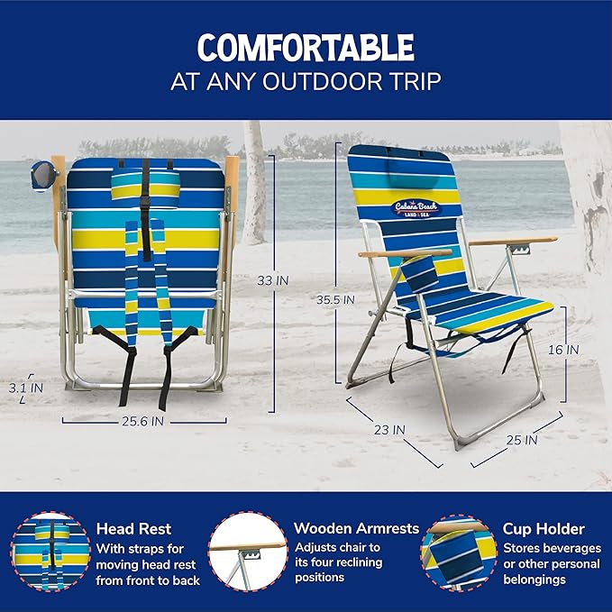 Cabana Beach Folding Beach Chair 4 Position Portable Backpack Foldable Camping Accessories with Headrest Cup Holder and Wooden Armrests Cool Bold Stripe