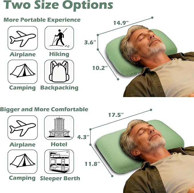 Cooling Camping Pillow Memory Foam Travel Pillow with Adjustable Buckle Strap &amp Storage Bag Compact Small Pillow for Airplane Car Lumbar Office Washable Cooling Cover Canopy Green