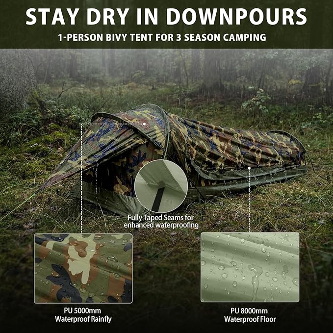 GEERTOP Ultralight Single Person Bivy Tent for Camp Waterproof 1 Man Tent for Camping Hiking Backpacking Hunting Outdoor Survival Gear - Easy Set Up