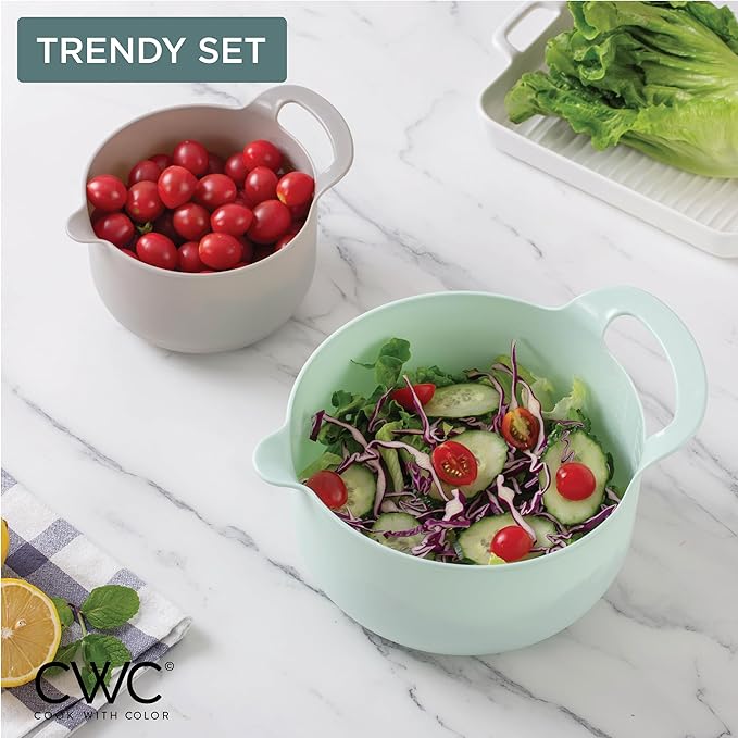 COOK WITH COLOR Nesting Plastic Mixing Bowl Set with Pour Spouts and Handles Ombre Mint 4 Piece Non-Slip