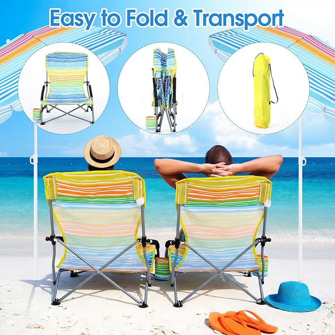 Huwena 2 Pack Beach Chair for Adult with 2 Umbrella Low Folding Chair Detachable Adjustable Lightweight with Armrests Cup Holder Carry Bag Portable for Sand Camping Travel Outdoor Pool (Multicolor)