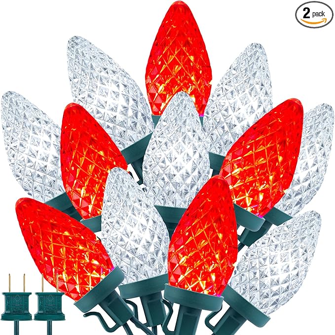 Brightown C9 LED Christmas String Lights 2 Pack Total 132ft 200LED Outdoor Lights String Plug-in Connectable Waterproof Roofline Lights String for Outside Yard Christmas Holiday Decor Red and White
