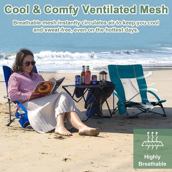 Romswi Low Beach Chairs for Adults 2 Pack Lightweight Folding Sand Chairs with Breathable Mesh Back &amp Cup Holder Portable Compact Camping Chairs 400lbs CapacityGreen