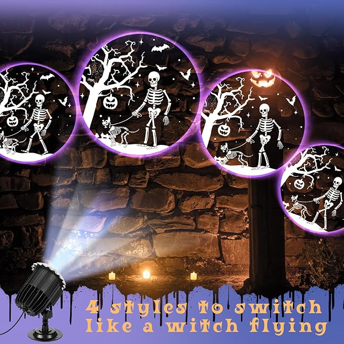 Halloween Projector Light with 1 Film Slides Holiday LED Projector Lights Outdoor Reflectors Waterproof Landscape Decorative Rotation Lighting Movement Projection Lamp(Skeletons and Dogs)