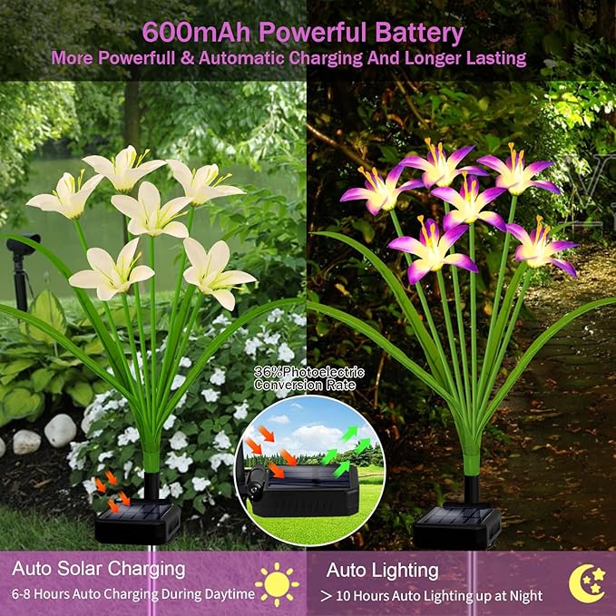 Solar Garden Lights New Upgraded Solar Wild Lily Flower Lights Yard Patio Pathway Deco High Flexibility Copper Wire &amp Handmade Silk Artificial Flowers Never Wither Gift for Family Friends