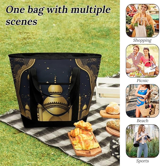 Insulated Shopping BagLarge Reusable Cooler Bags Eid Golden Mosque Printed Foldable Shopping BagTravel Waterproof Shoulder Bag