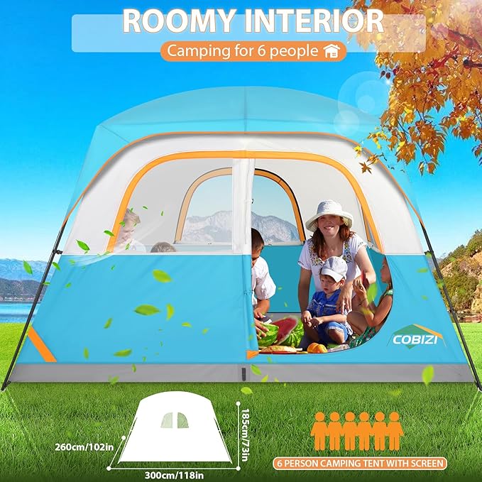 COBIZI Tents for Camping 4/6 Person Camping Tent with Rainfly and Screen Easy Setup Lightweight Portable Waterproof Outdoor Tent with Carry Bag for Backpacking Hiking Family Travel