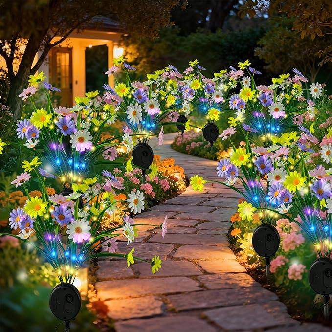 Solar Path Lights Outdoor 4 Pack LED Flower &amp Butterfly Decor Waterproof Auto On/Off Bigger Solar Panel for Yard Patio Garden Walkway Decoration Gift for Mom (Colour)