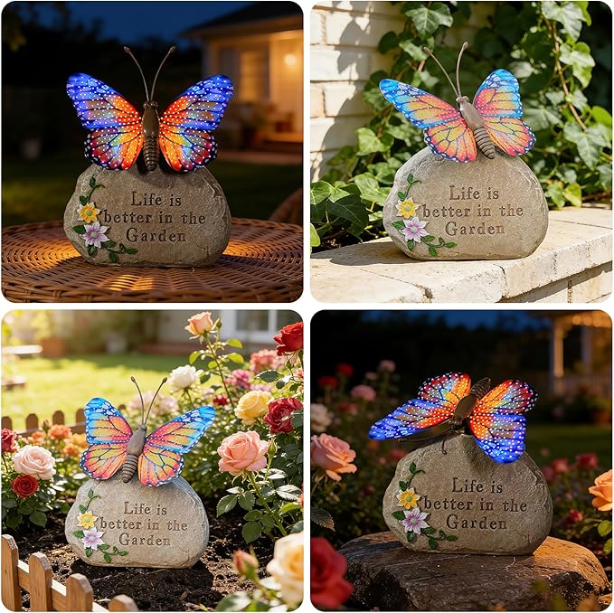 Solar LED Butterfly Garden Statue with Sparkling Light-Up Wings - Outdoor Yard Patio Decor Figurine for Women Mom Grandma (Orange)