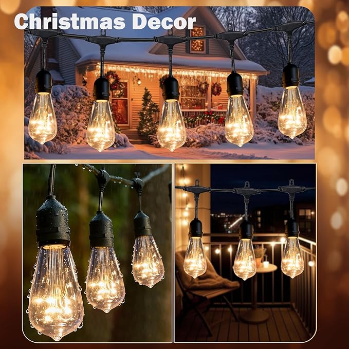 Afirst Outdoor String Lights Weatherproof Connectable LED Edison String Lights Black Cord with Clear Plastic Bulbs Starry Theme