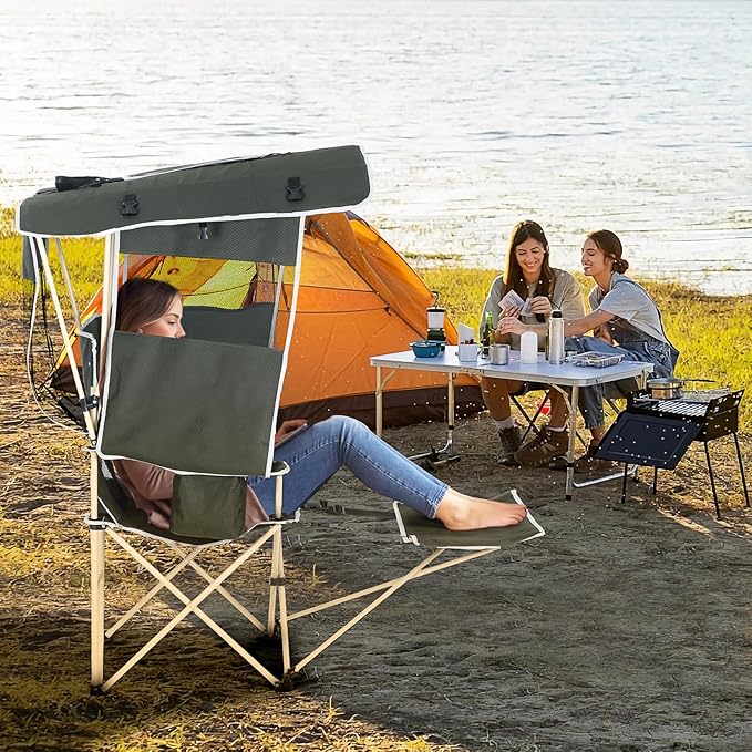 Camping Chairs with Shade Sports Chair with Canopy Folding Camping Chair with Cooler and Cup Holder Foldable and Lightweight for Camping Sports Events &amp Patio (1-Pack with Footrest)