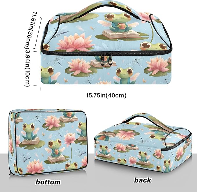 Casserole Carrier Green Frog and FlowersInsulated Casserole Carrier for Hot or Cold Food Thermal Lunch Tote for Potluck Parties Picnic Beach Fits 9 x 13 Inches Baking Dish